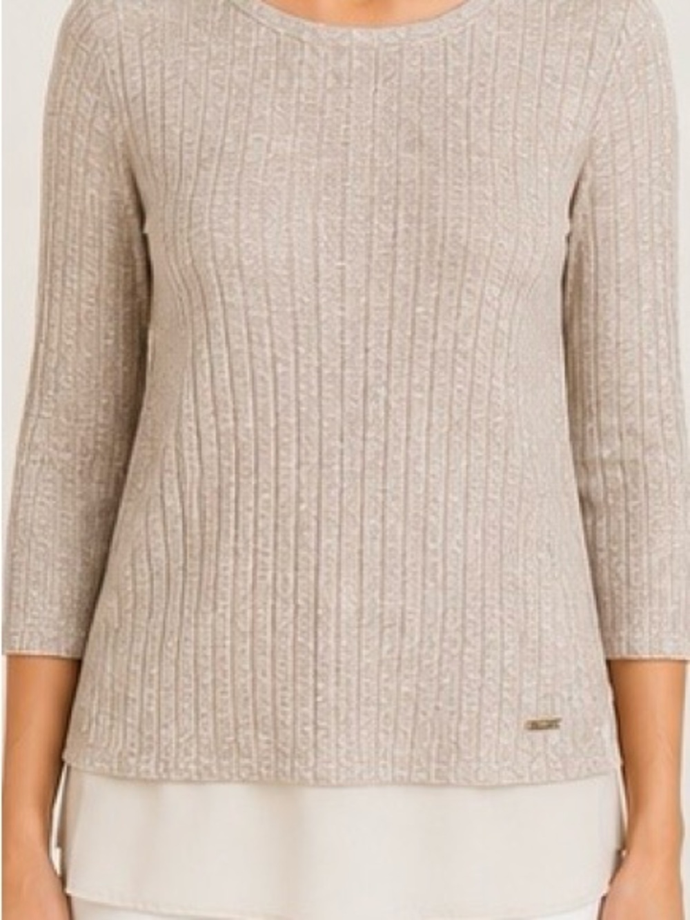 IVANKA TRUMP LAYERED RIB KNIT TOP CHIFFON HEM 3/4 SLEEVES BEIGH (SP)